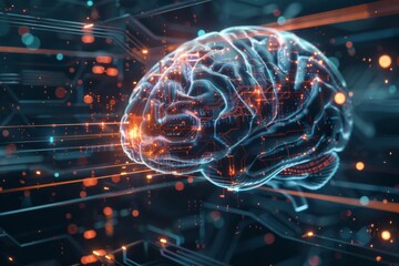 Poster - Illustration of a digital brain representing artificial intelligence with glowing lines and circuits.