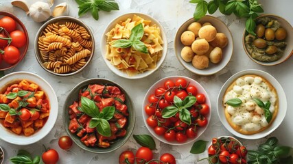 Wall Mural - Full table of italian meals on plates Pizza, pasta, ravioli, carpaccio. caprese salad and tomato bruschetta on black background. Top view