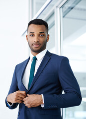 Wall Mural - Confident, portrait or black businessman in office with suit, skills and investment banking career. Blazer, broker and African banker in commercial or corporate institution with style or pride