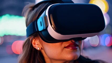 Poster - A woman wearing VR goggles stands in a city setting at night, with blurred lights in the background.