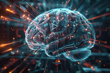 Poster - Illustration of a digital brain representing artificial intelligence with glowing lines and circuits.