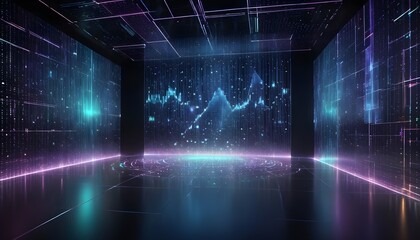 A dark room with glowing blue and purple lines and shapes creating a futuristic and digital environment. A holographic chart is displayed on the wall.