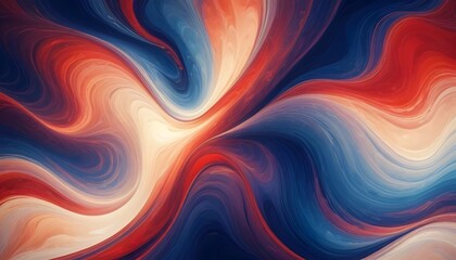 Abstract, liquid swirl pattern in orange, red, blue and cream tones.