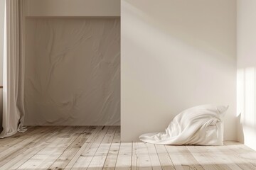 Canvas Print - Interior of modern bright room with white walls, wooden floor and comfortable white bed with blanket.