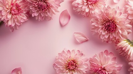 Canvas Print - Pink chrysanthemum flowers on a light pink backdrop with room for text