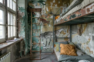 Wall Mural - Interior of an abandoned children's room with bunk beds and bunk beds