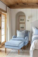 Canvas Print - Luxury bedroom interior with blue sofa, armchair and wooden floor.