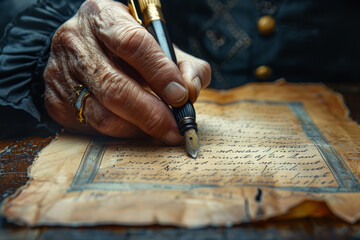 Aufkleber - A master calligrapher writing with elegant strokes on parchment. Concept of art and tradition. Generative Ai.
