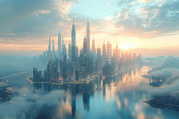 Poster - a futuristic cityscape with towering skyscrapers and advanced technology. concept of urban innovatio