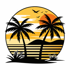 Wall Mural - A sunset scene with black silhouettes of palm trees and flying birds creates