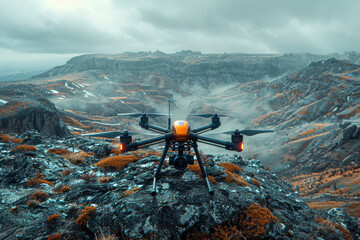 Poster - a high-tech drone capturing aerial footage of a sprawling landscape. concept of innovation and persp