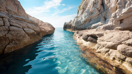 Serene view of a clear blue waterway between rocky cliffs under a bright sky.