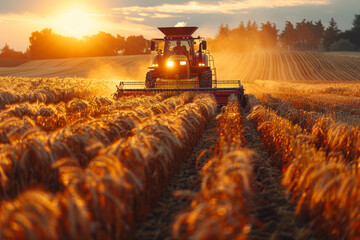 Poster - A farmer harvesting crops in a golden field at sunrise. Concept of agriculture and hard work. Generative Ai.