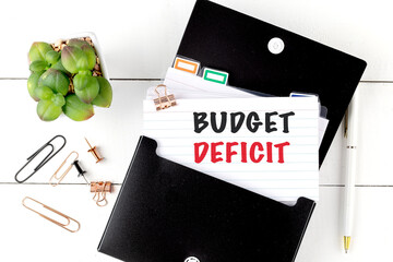 Poster - BUDGET DEFICIT text on note with office supplies