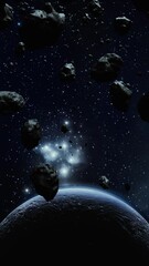 Wall Mural - asteroids in space above earth. vertical design in 9:16 ratio. smartphone and social media ready.
