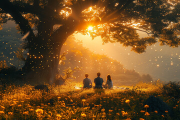 Poster - A family enjoying a picnic in a sunlit park, surrounded by nature. Concept of family bonding and happiness. Generative Ai.