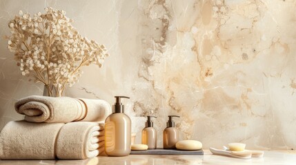 Canvas Print - Spa-themed bathroom backdrop with cosmetic products, towels, and decor against a marble wall. Neutral beige tones.