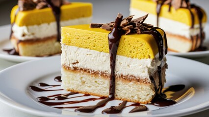 Wall Mural - A close up of a piece of cake with chocolate and caramel drizzled on it, AI