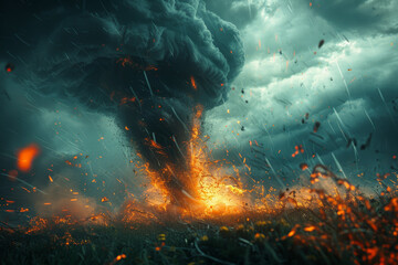 Wall Mural - A powerful tornado touches down in a field, showcasing nature’s fury. Concept of extreme weather and atmospheric power. Generative Ai.