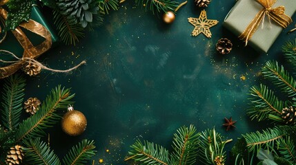 Wall Mural - Fir branches with gold and green decor, wrapping paper. Blank Christmas card. New Year theme. Top view, flat lay, mockup.