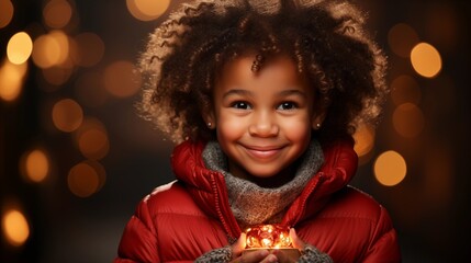 Wall Mural - Smiling curly-haired child holding a gift, in festive red sweater Christmas background.