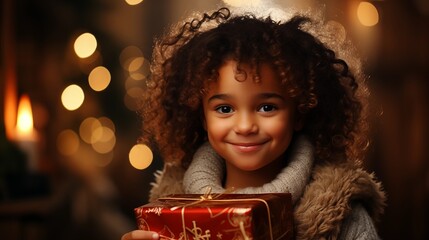 Wall Mural - Smiling curly-haired child holding a gift, in festive red sweater Christmas background.