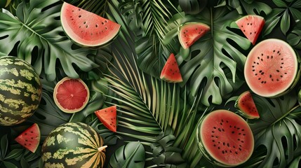 Wall Mural - A mix of watermelons and tropical palm leaves create a vibrant, summery pattern.