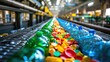 © Sergey - A close-up view of a recycling machine sorting various colorful plastic bottles and caps on a conveyor belt in an industrial facility.