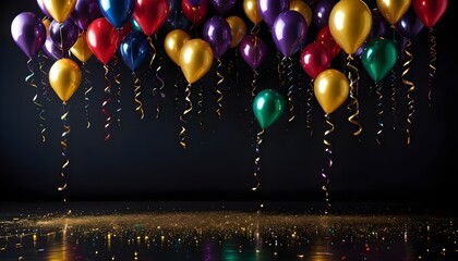 A celebration scene with a cluster of colorful balloons (red, blue, purple, gold, green) and golden confetti floating against a black background.