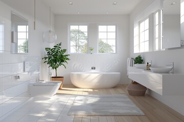 Canvas Print - white bathroom with bathtub and panoramic window