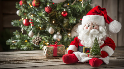 Wall Mural - Santa Claus plush toy sitting by a decorated Christmas tree with a present and pinecones.