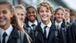 © Sergey - A group of high school students in uniform stand together in a school yard, smiling and appearing cheerful. The atmosphere indicates a back-to-school scene.