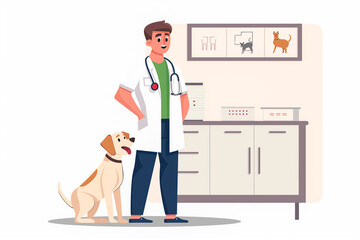 Wall Mural - A man in a white coat stands next to a dog in a veterinary clinic