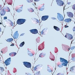 A watercolor floral seamless fabric, wallpaper, print pattern featuring avocado twigs and leaves.