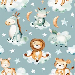  A seamless pattern of safari animals in the sky with clouds and stars for a baby
