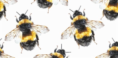 Wall Mural - The illustration of a flying bumblebee, bee is made from watercolor elements isolated on white background. This seamless pattern is great for wrapping, invitations, web design, bed linens, and