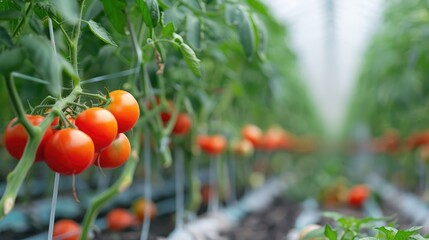 Wall Mural - Selective focus background with tomatoes grown on a farm