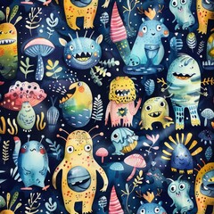 Poster - Designed for fashion fabrics, textiles, textile graphics, and prints with hand drawn monster faces seamless print.