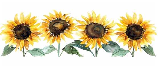 A seamless border of sunflowers. Watercolor illustration. Isolated on a white background for design purposes.