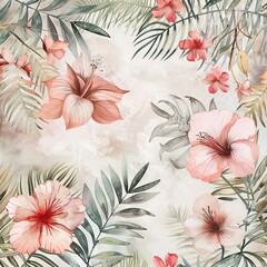 Wall Mural - Hummingbirds, monkeys, jaguars, exotic jungle plants, palm banana leaves, flowers, flamingos in pastel colors seamless pattern fabric background