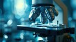 © Sergey - A close-up view of a microscope in a laboratory setting with a blurred background, showcasing intricate parts and details illuminated by ambient lighting.