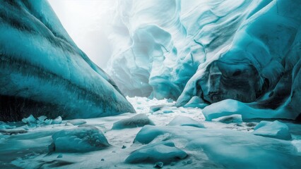 Sticker - A large ice cave with a waterfall and rocks in it, AI