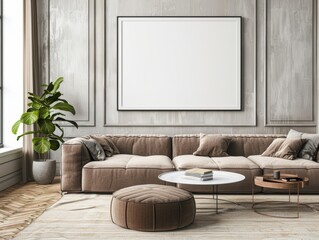 Wall Mural - Contemporary living room with empty frame for customizable design in photography shot