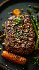 Canvas Print - Grilled steak with roasted carrots and asparagus.