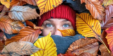 Wall Mural - A woman with a red knitted hat peers through a thick layer of fallen autumn leaves, her blue eyes reflecting the vibrant colors of the season