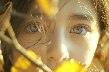 Wall Mural - A close-up portrait of a young girl's face, partially hidden by autumn leaves, her gaze focused and intense. The sunlight filters through the leaves, casting a warm glow on her skin