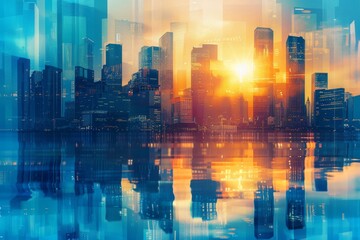 Poster - Futuristic skyscrapers in smart city financial district with blue background and sun rays