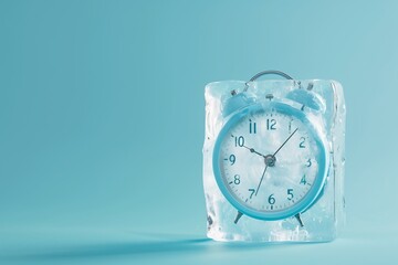 Alarm clock inside the frozen ice block on light pastel solid blue studio background. Copy space. Minimalistic studio shot. Frozen time concept. Generative AI.