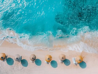 Wall Mural - Aerial view of beach with umbrellas and lounge chairs by turquoise sea for romantic getaways