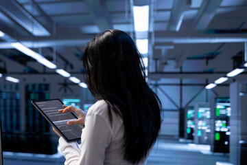 Poster - admin in data center using tablet to check for server performance issues arising due to high cpu usa